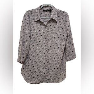 Attention women’s Large short sleeve button up gray, black & white blouse